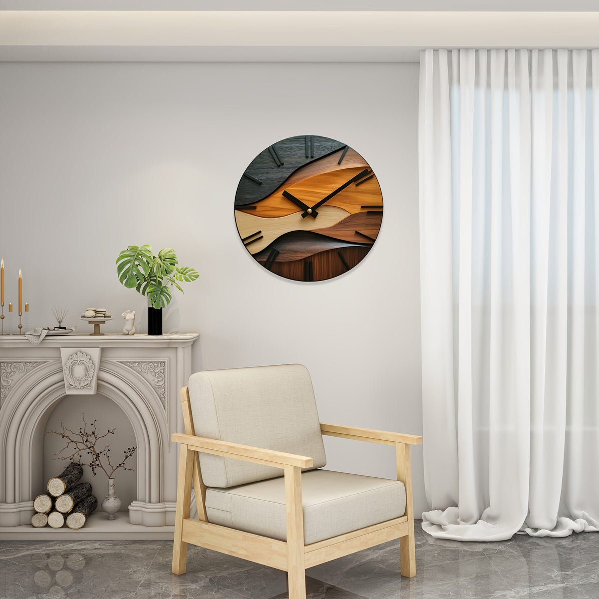 Artistic Round Wall Clock | Faux Wood Grain Design