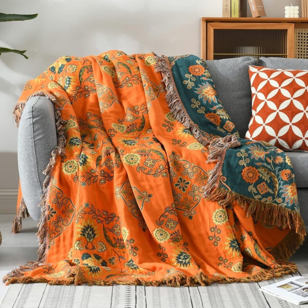 Cotton Throw Blanket Reversible Fringe