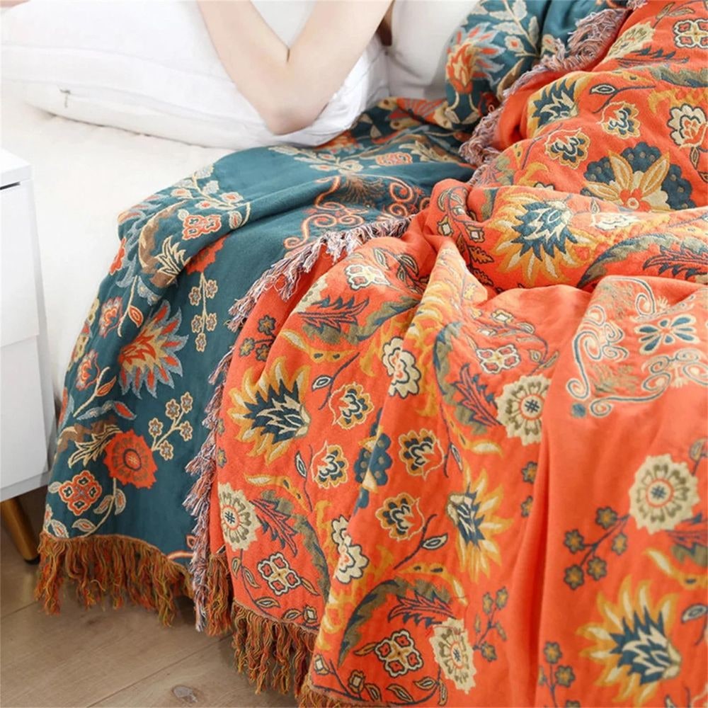 Cotton Throw Blanket Reversible Fringe