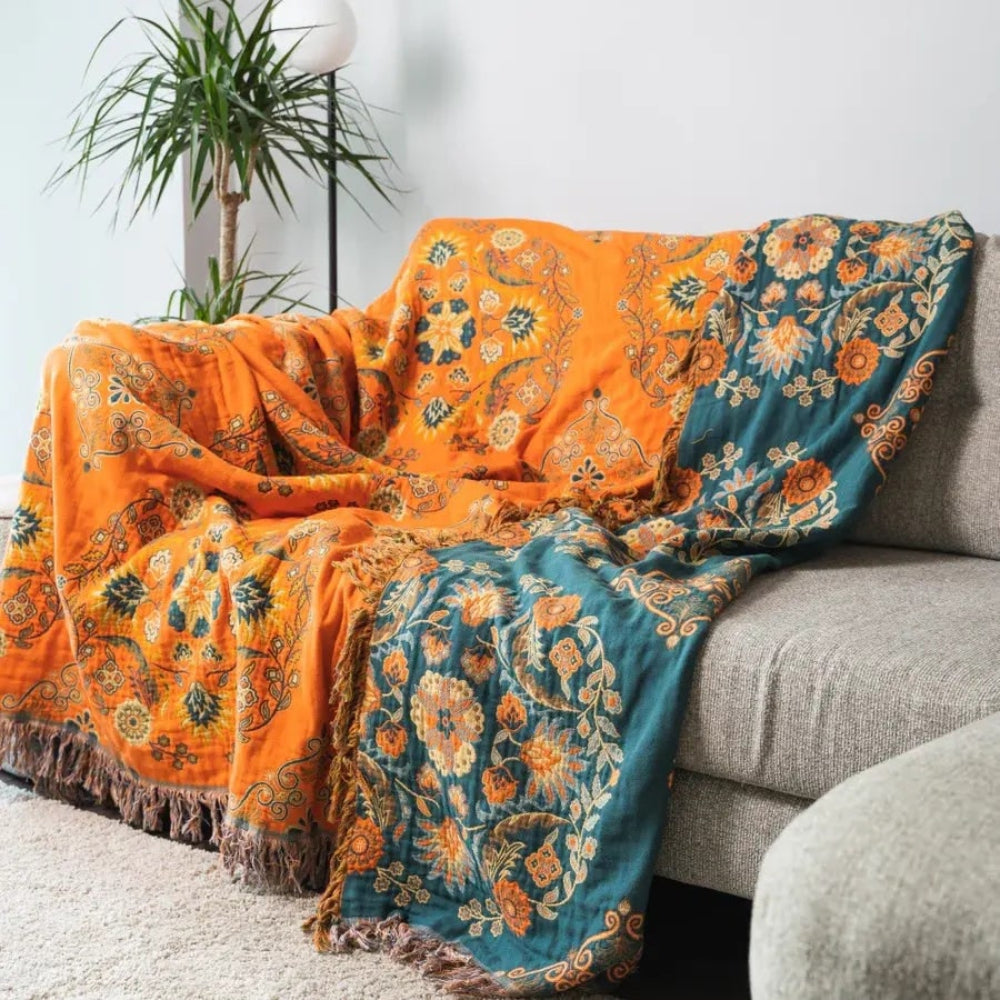 Cotton Throw Blanket Reversible Fringe