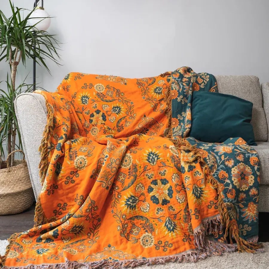 Cotton Throw Blanket Reversible Fringe