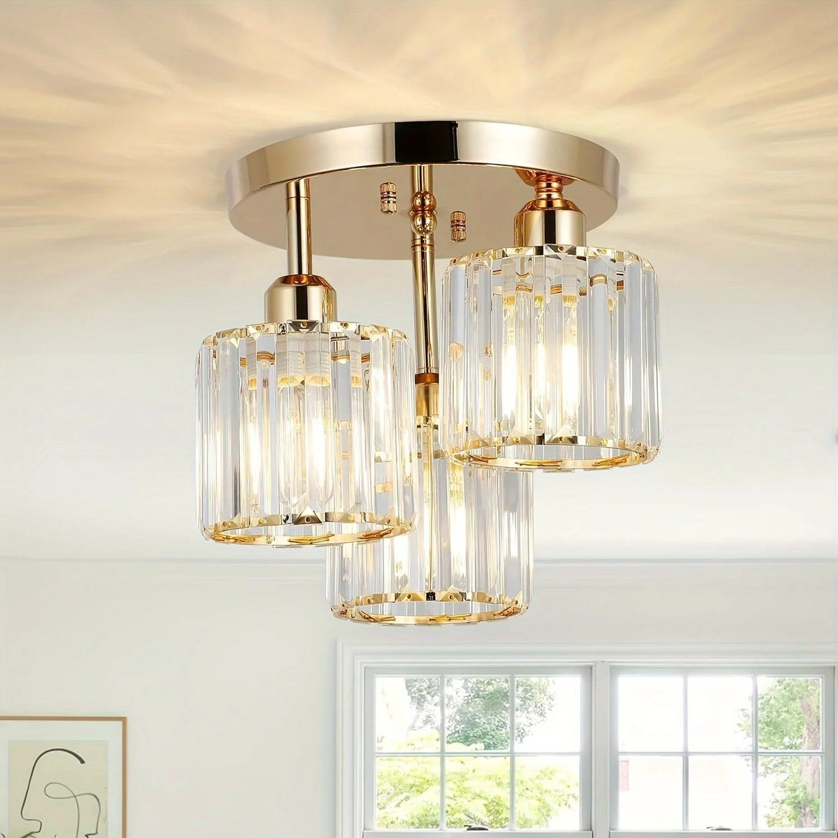 Gold Crystal Ceiling Light | 3-Light Semi Flush Mount