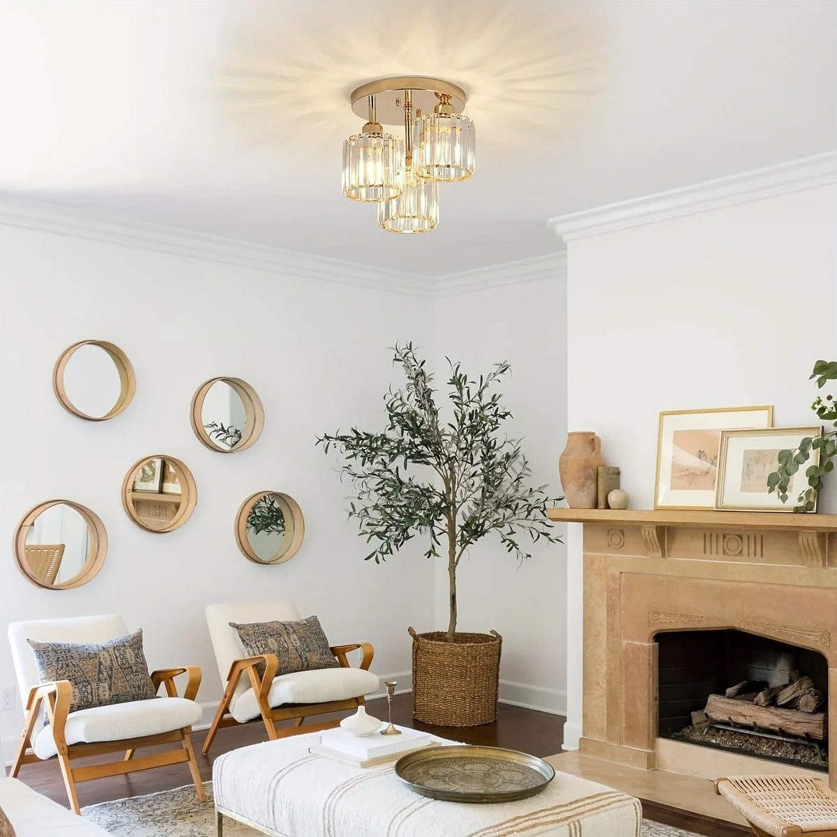 Gold Crystal Ceiling Light | 3-Light Semi Flush Mount