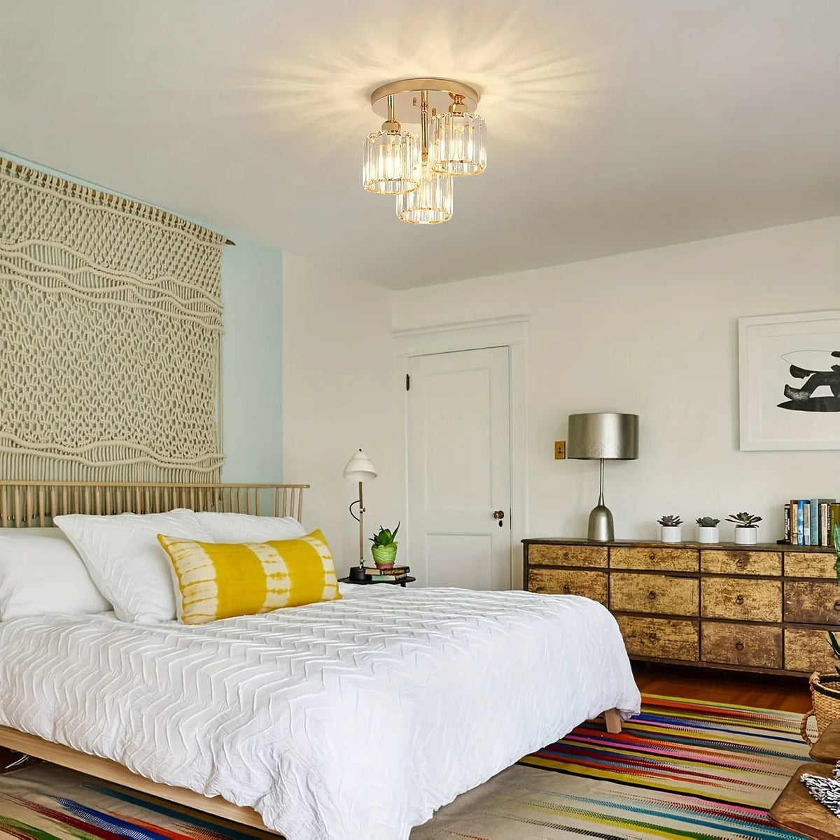 Gold Crystal Ceiling Light | 3-Light Semi Flush Mount