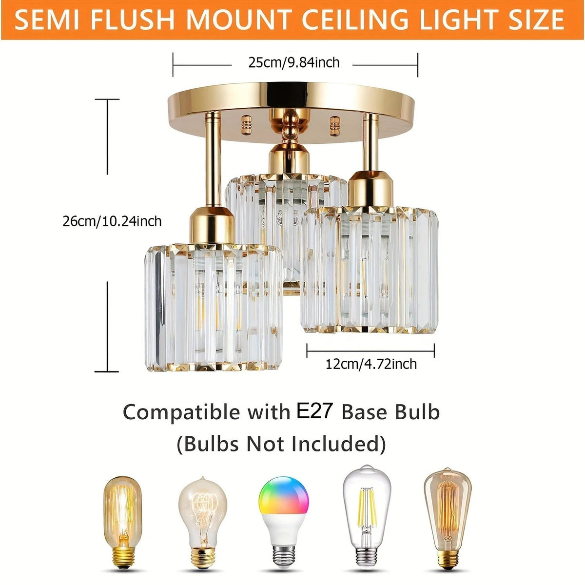 Gold Crystal Ceiling Light | 3-Light Semi Flush Mount