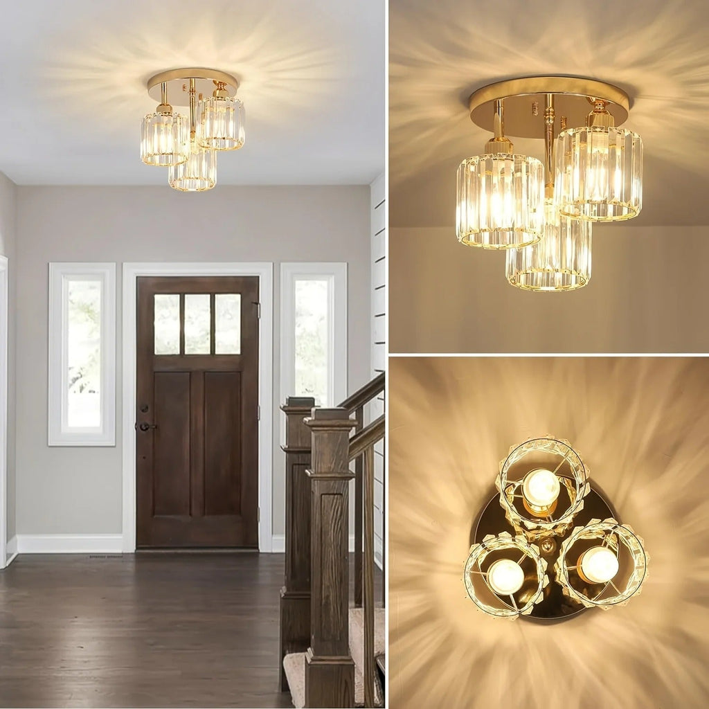Gold Crystal Ceiling Light | 3-Light Semi Flush Mount