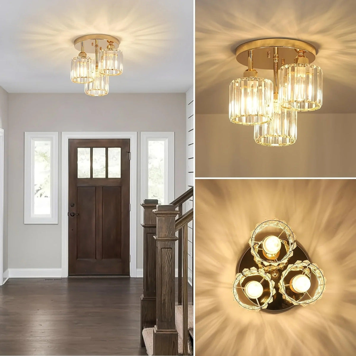 Gold Crystal Ceiling Light | 3-Light Semi Flush Mount