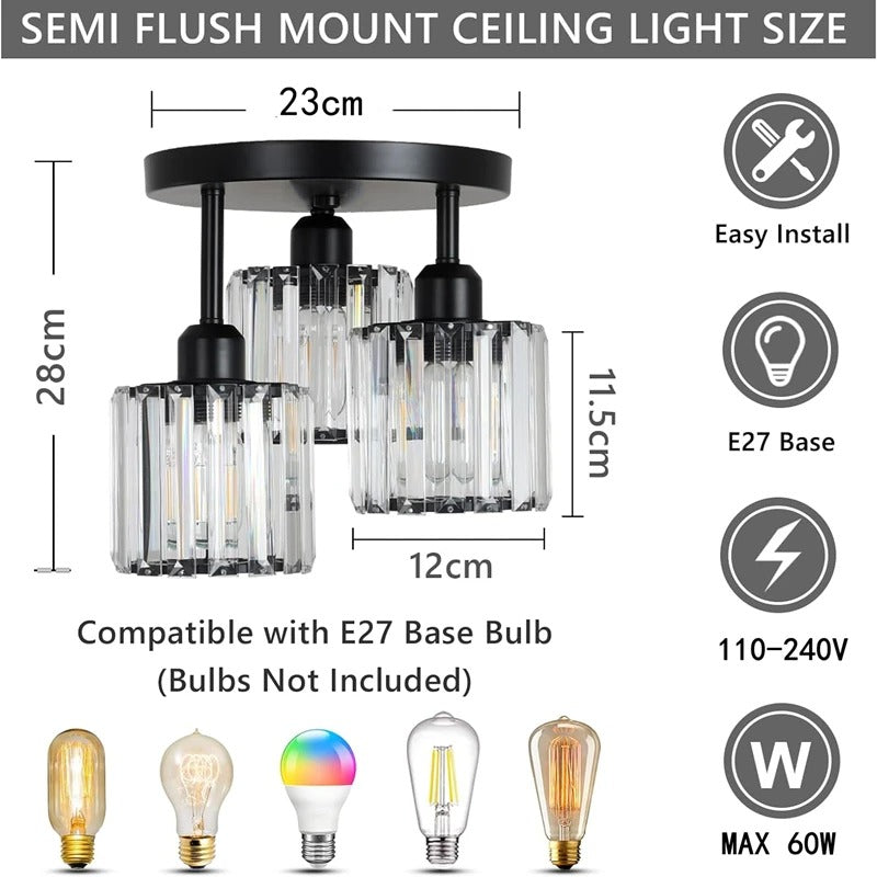 Gold Crystal Ceiling Light | 3-Light Semi Flush Mount